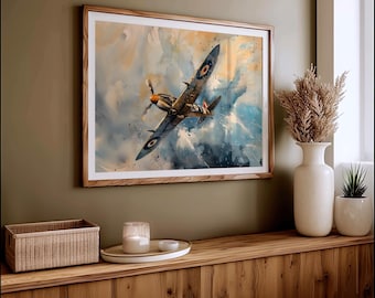 Airborne Spitfire Art Print Vintage Watercolour Plane Soaring Sky Poster Aviation Wall Decor WWII Fighter Aircraft Enthusiast Gift Airplane