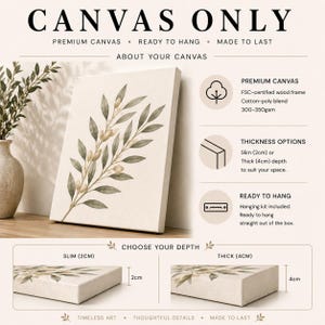 The image is a promotional poster for canvas art, featuring a large canvas with a leaf design and text providing details about the canvas, such as its size, material, and hanging options.