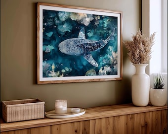 ジンベイザメの水彩画：海洋アート、海の装飾（9 x 12インチ） - Etsy 日本