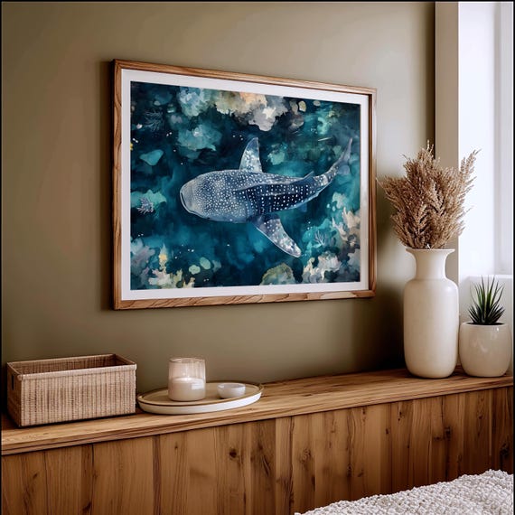 Whale Shark Art Print Underwater Scene Painting Nautical Artwork Coastal Theme Bathroom Washroom Decor Ocean Life  Watercolour Poster