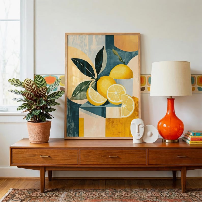 a wooden console table with a framed print of lemons and a potted plant on top. The table also has a lamp and a small sculpture of a face.