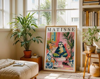 Sloth Art Print Tropical Botanical Wall Art Pink Interior Henri Matisse Inspired Poster Animal Gallery Style Print Funny Bathroom Decor