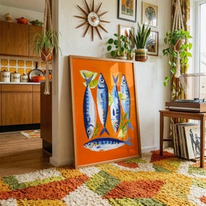 a vibrant and eclectic living space with a large orange fish painting as the focal point. The room is adorned with various plants, a clock, and other decorative elements, creating a lively and visually engaging atmosphere.