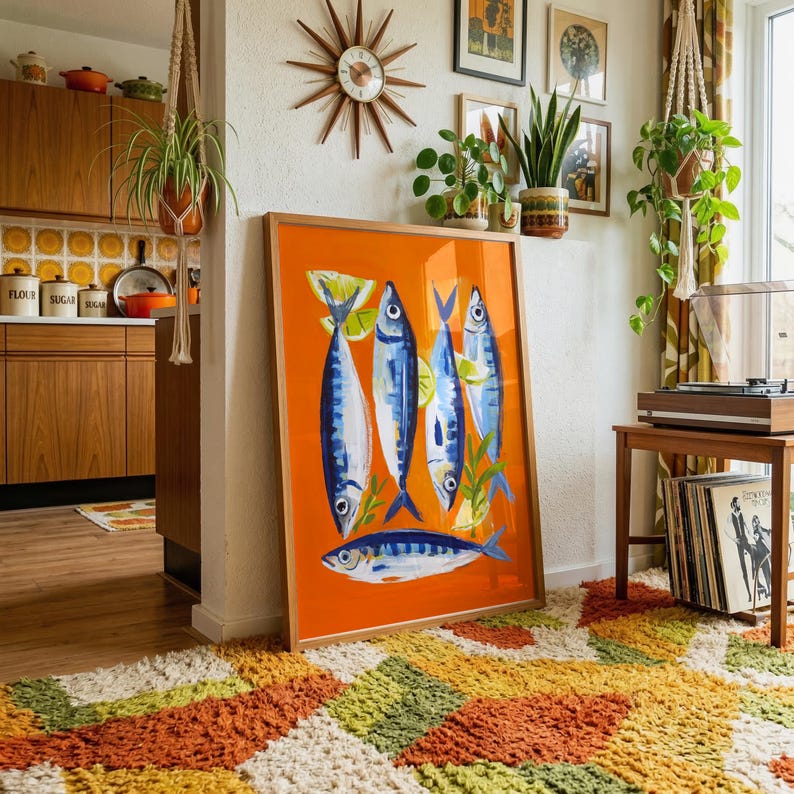 a vibrant and eclectic living space with a large orange fish painting as the focal point. The room is adorned with various plants, a clock, and other decorative elements, creating a lively and visually engaging atmosphere.