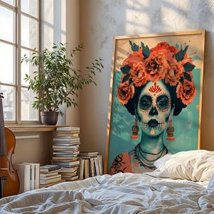 a bedroom with a large framed poster of a woman's face with a skull design, surrounded by a floral headpiece. The poster is placed on a wall above a bed with white sheets. In the room, there is a stack of books, a potted plant, and a violin.