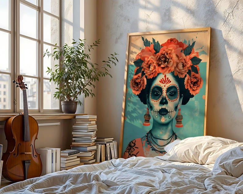 a bedroom with a large framed poster of a woman's face with a skull design, surrounded by a floral headpiece. The poster is placed on a wall above a bed with white sheets. In the room, there is a stack of books, a potted plant, and a violin.