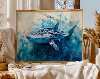 ジンベイザメの水彩画：海洋アート、海の装飾（9 x 12インチ） - Etsy 日本