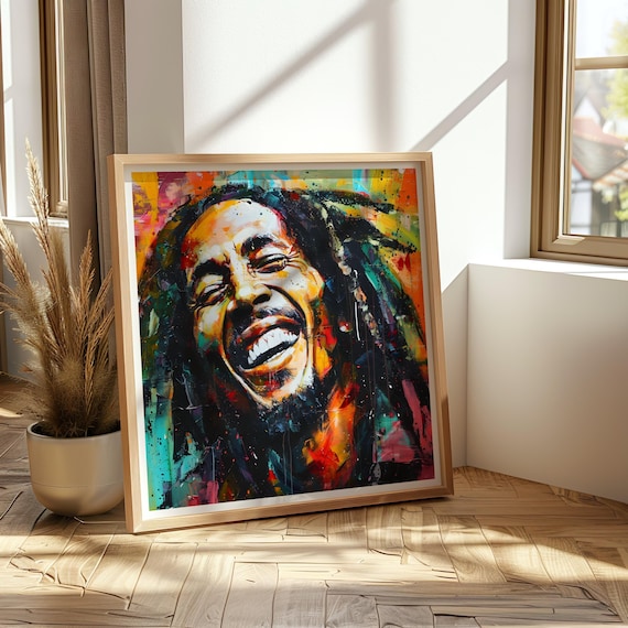 笑うボブ・マーリーのアートプリント カラフルなレゲエアイコンの