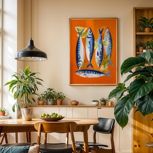 a cozy dining area with a wooden table, chairs, and a large painting of fish on the wall. The room is filled with potted plants, creating a lush and vibrant atmosphere.
