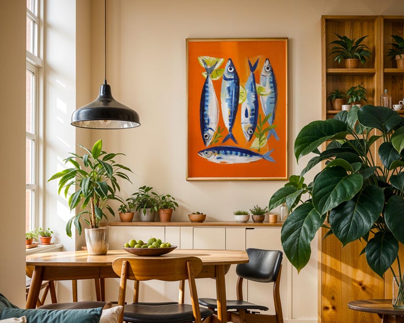 a cozy dining area with a wooden table, chairs, and a large painting of fish on the wall. The room is filled with potted plants, creating a lush and vibrant atmosphere.