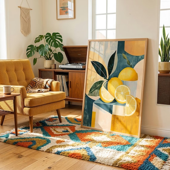 Lemon Art Print Fresh Fruit Painting Modern Kitchen Wall Decor Geometric Shapes Abstract Mediterranean Style Artwork Citrus Poster Home Gift
