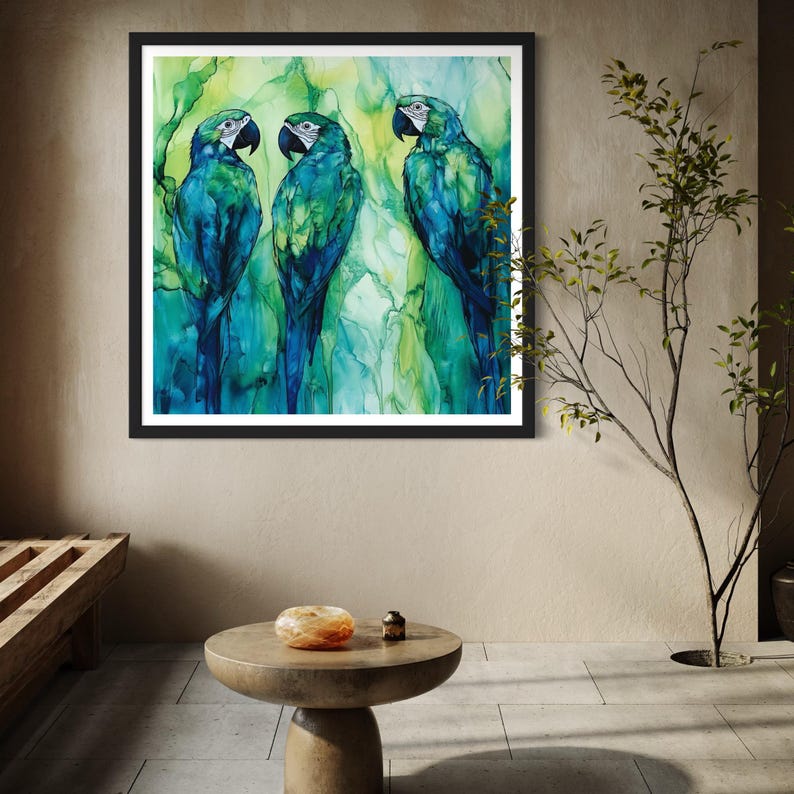 Parrot Art Print Tropical Bird Artwork Blue Green Macaw Poster Jungle ...