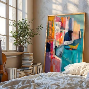a cozy bedroom scene with a large abstract painting on the wall, a wooden bed with white sheets, a stack of books, and a potted plant.