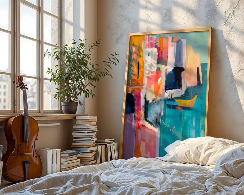 a cozy bedroom scene with a large abstract painting on the wall, a wooden bed with white sheets, a stack of books, and a potted plant.
