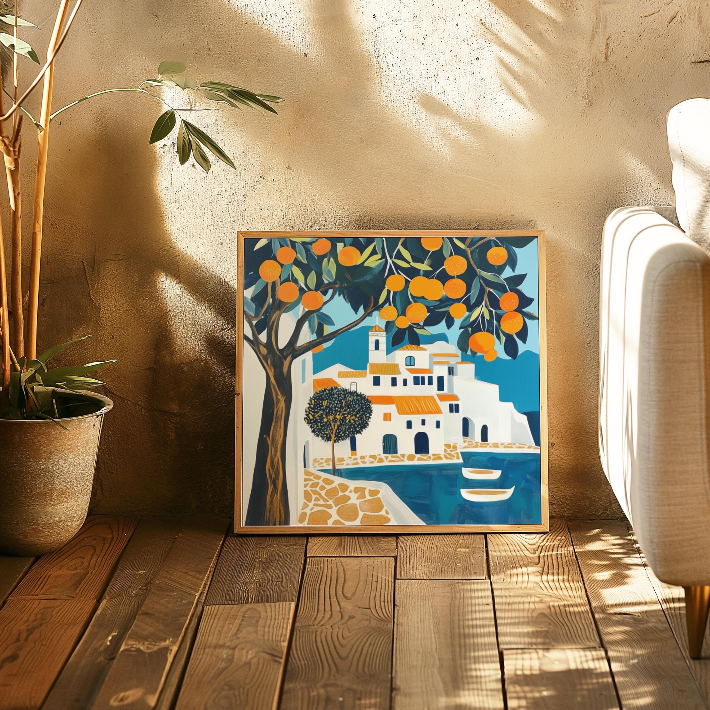 Mediterranean Art Print Coastal Orange Tree Wall Art Greece Travel ...
