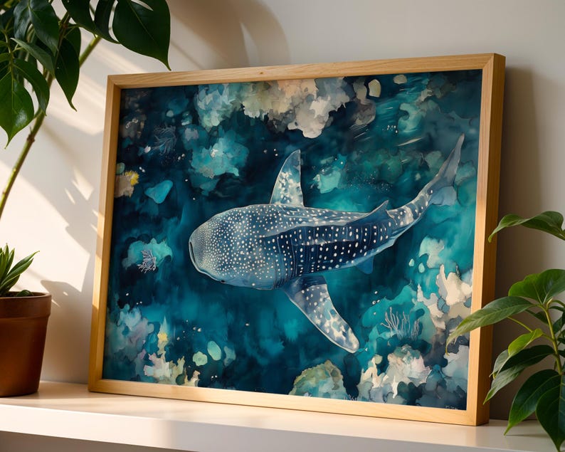 A framed painting depicting a large whale shark swimming in a vibrant underwater scene, surrounded by colorful coral and marine life.