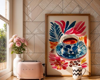 Coffee Cup Art Print Colourful Kitchen Wall Art Mediterranean Coffee Illustration Coffee Shop Artwork Mug Art Decor Cafe Wall Art