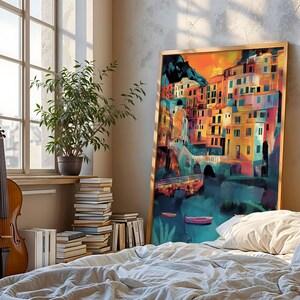 Cinque Terre Art Print Colourful Italy Coastal Wall Decor Italian Riviera Travel Poster Mediterranean Village Artwork Sunset Painting Gift