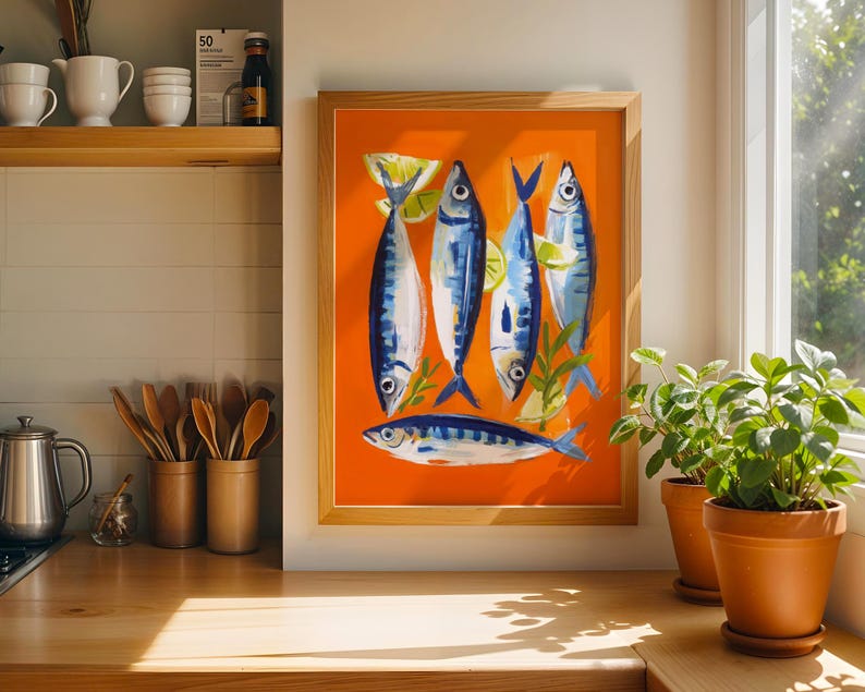 a kitchen counter with a framed painting of blue and white fish, a shelf with various kitchen items, and potted plants.