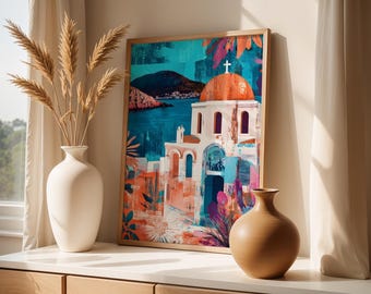 Mediterranean Art Print Santorini Greece Artwork Greek Island Architecture Boho Coastal Decor Abstract Travel Poster Aegean Sea Painting