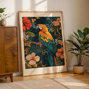 Macaw Art Print Tropical Jungle Decor Blue Parrot Painting Botanical Hibiscus Bird Decor Boho Exotic Interior Colourful Nature Artwork