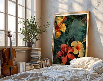 Tropical Hibiscus Flower Art Print Hawaiian Painting Aesthetic Polynesian Artwork Hawaii Wall Decor Botanical Hula Floral Interior Design