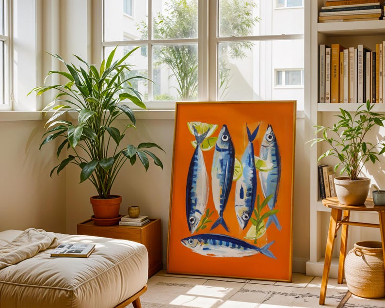 a living room with a large orange painting of fish on the wall, a potted plant, a bookshelf, and a small table with a plant.
