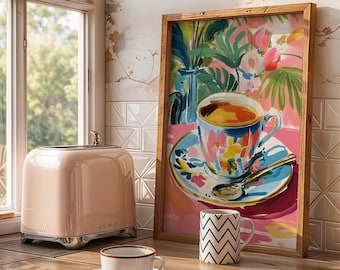 Floral Teacup Art Print Botanical Kitchen Wall Art Cup of Tea Painting Pink Kitchen Decor Retro Style Artwork Tea Lover Gift Cottage Kitchen