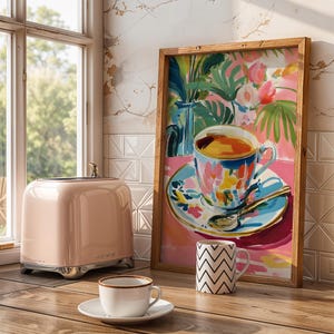Floral Teacup Art Print Botanical Kitchen Wall Art Cup of Tea Painting Pink Kitchen Decor Retro Style Artwork Tea Lover Gift Cottage Kitchen