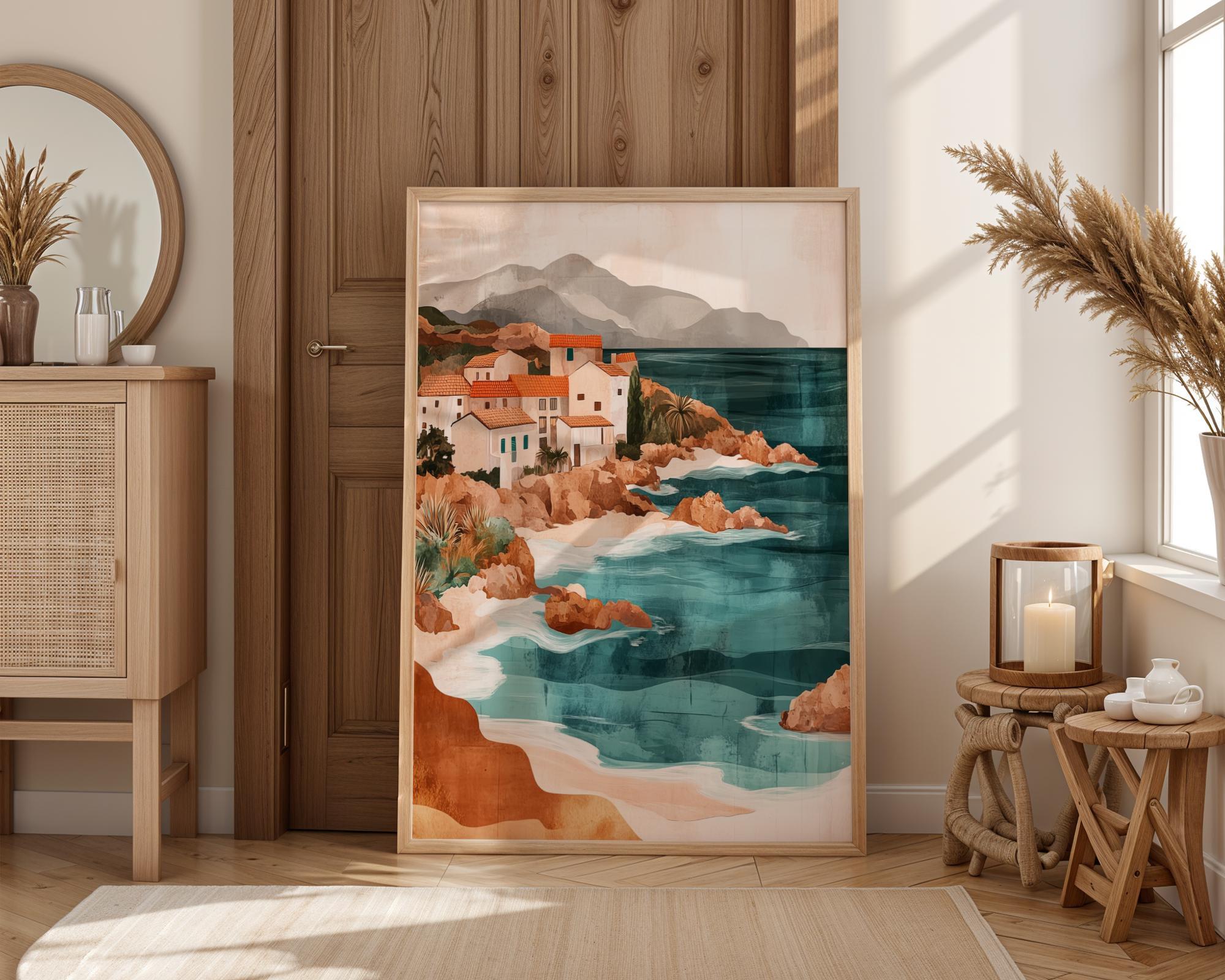 Mediterranean Coastal Art Print Abstract Seaside Village Artwork Rustic ...