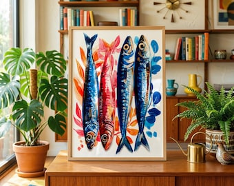 Sardines Art Print Kitchen Wall Art Mediterranean Fish Illustration Colourful Coastal Home Decor Food and Drink Wall Art Fish Painting