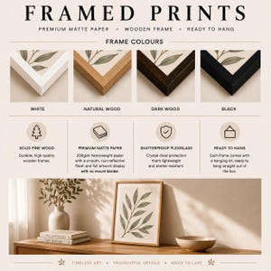 The image is a framed print advertisement showcasing various frame colors and styles, including white, natural wood, dark wood, black, solid pine wood, and crystal-clear flexiglass. The ad highlights the durability, high-quality materials, and the ability to hang the frames with no mount border.