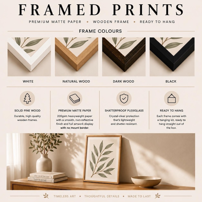 The image is a framed print advertisement showcasing various frame colors and styles, including white, natural wood, dark wood, black, solid pine wood, and crystal-clear flexiglass. The ad highlights the durability, high-quality materials, and the ability to hang the frames with no mount border.