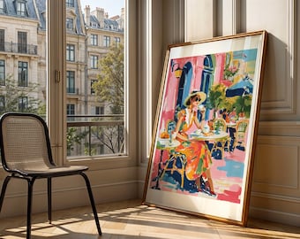 French Café Terrace Art Print Mediterranean Woman Poster Colourful Parisian Street Wall Art Elegant Lifestyle Illustration Kitchen Decor