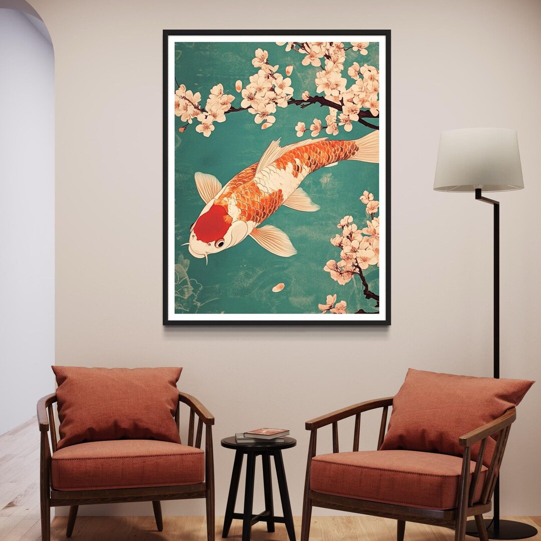 Vintage Japanese Koi Fish Art Print Pink Cherry Blossoms Painting ...