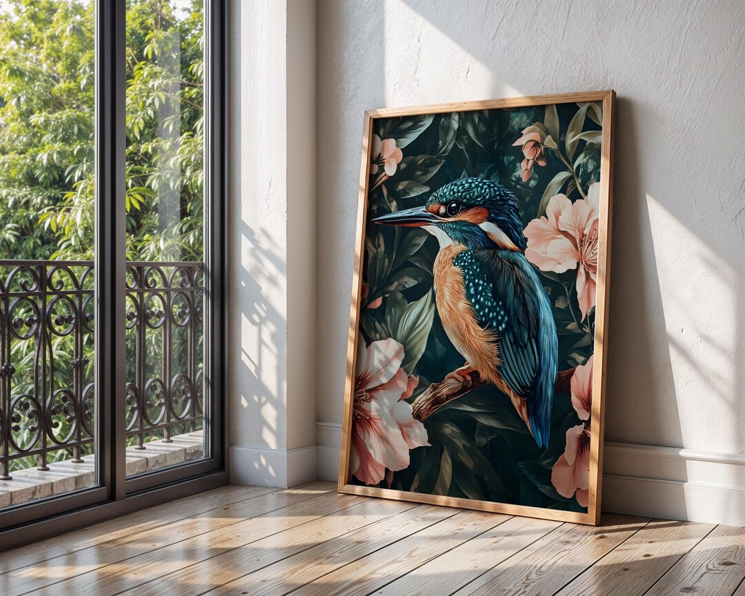 Kingfisher Art Print Tropical Bird Painting Hibiscus Flowers Jungle ...