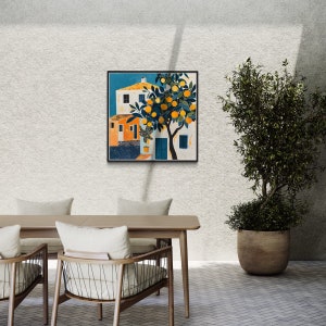 Orange Tree Abstract Art Print Mediterranean Coastal Greek Buildings ...