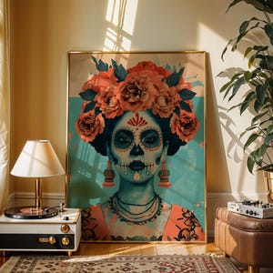 a large framed poster of a woman with a colorful floral headpiece, surrounded by various decorative elements such as a potted plant, a record player, and a rug.