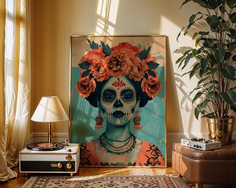 a large framed poster of a woman with a colorful floral headpiece, surrounded by various decorative elements such as a potted plant, a record player, and a rug.