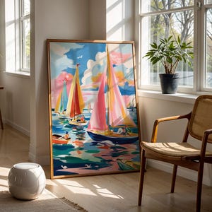 a large painting of sailboats on a body of water, with a wooden chair and a potted plant in the foreground.