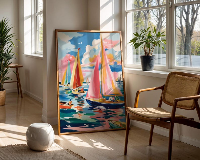 a large painting of sailboats on a body of water, with a wooden chair and a potted plant in the foreground.