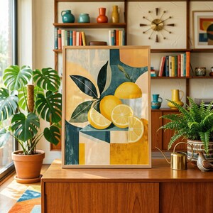 a framed artwork of a lemon and a plant on a wooden table, with a bookshelf and various decorative items in the background.