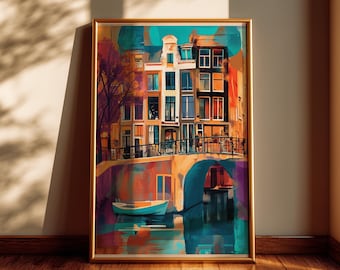 Amsterdam Canal Art Print Colourful Buildings Painting Vibrant Dutch Abstract Artwork Street Scene Souvenir Gift for Travel Lover