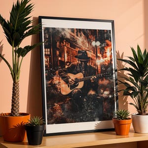Street Musician Art Print Guitar Player Wall Art Rustic Blues Poster Urban Music Decor Boho Jazz Room Painting Acoustic Guitar Artwork