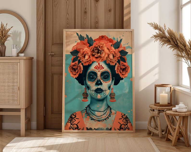 a large framed poster of a woman with a skull design on her face, wearing a headdress with flowers, and a colorful, artistic style.