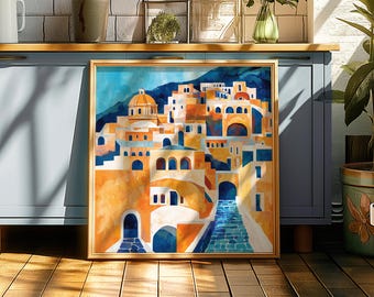 Greek Village Art Print Mediterranean Architecture Poster Colourful Abstract Travel Wall Art Santorini Painting Greece Art Coastal Decor
