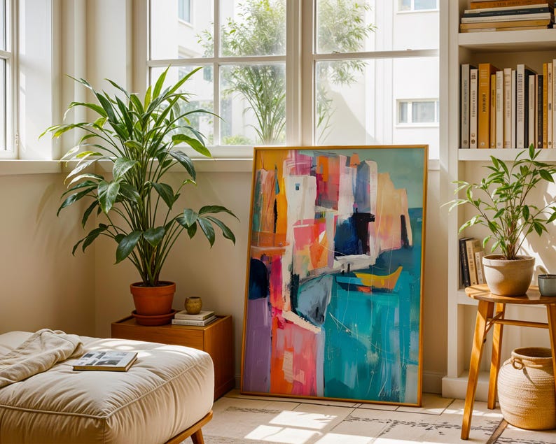 a cozy living room with a large abstract painting on the wall, a comfortable sofa, and two potted plants. The room is filled with natural light from the windows, creating a warm and inviting atmosphere.