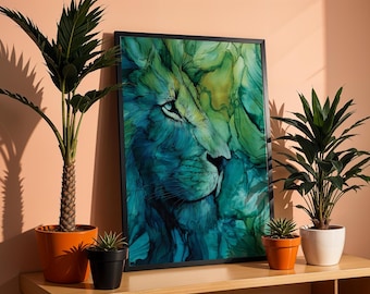 Lion Art Print Tropical Blue Green Acrylic Ink Artwork Watercolour Jungle Animal Wall Decor Safari Big Cat Poster Lion Drawing Gift for Home