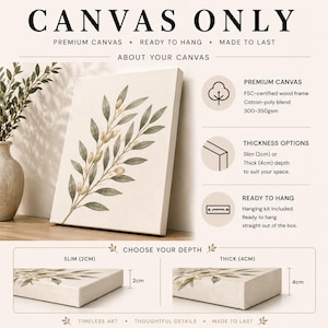 The image is a promotional poster for canvas art, featuring a large canvas with a leaf design and text providing details about the canvas, such as its size, material, and hanging options.
