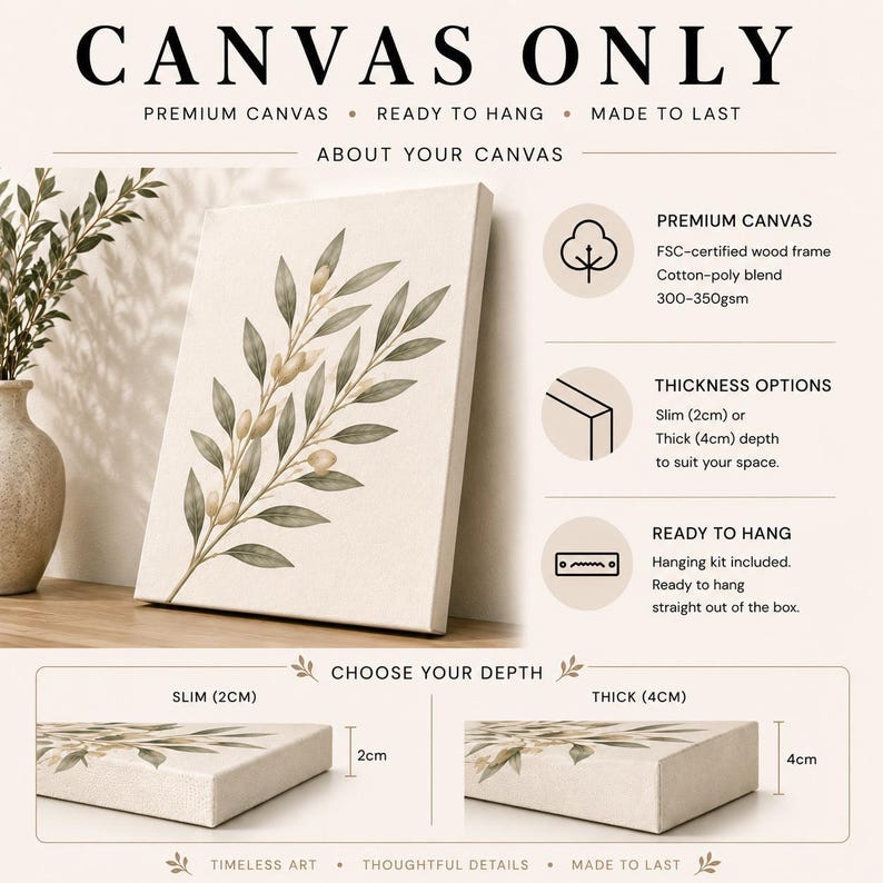 The image is a promotional poster for canvas art, featuring a large canvas with a leaf design and text providing details about the canvas, such as its size, material, and hanging options.